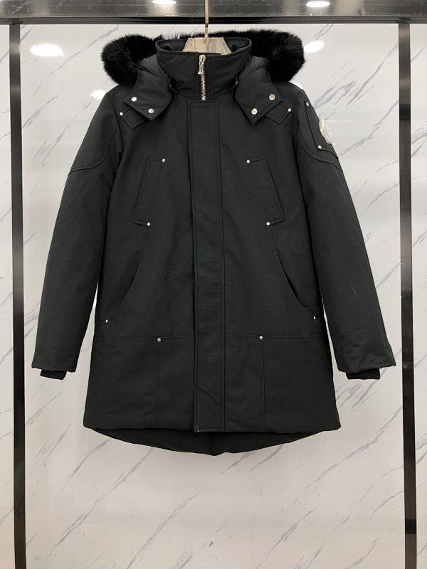 Moose Knuckles Men's Black Long Parka with Fur-Style Hood Trim