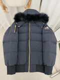 Moose Knuckles Navy Blue Hooded Puffer Bomber Jacket with Fur-Style Trim