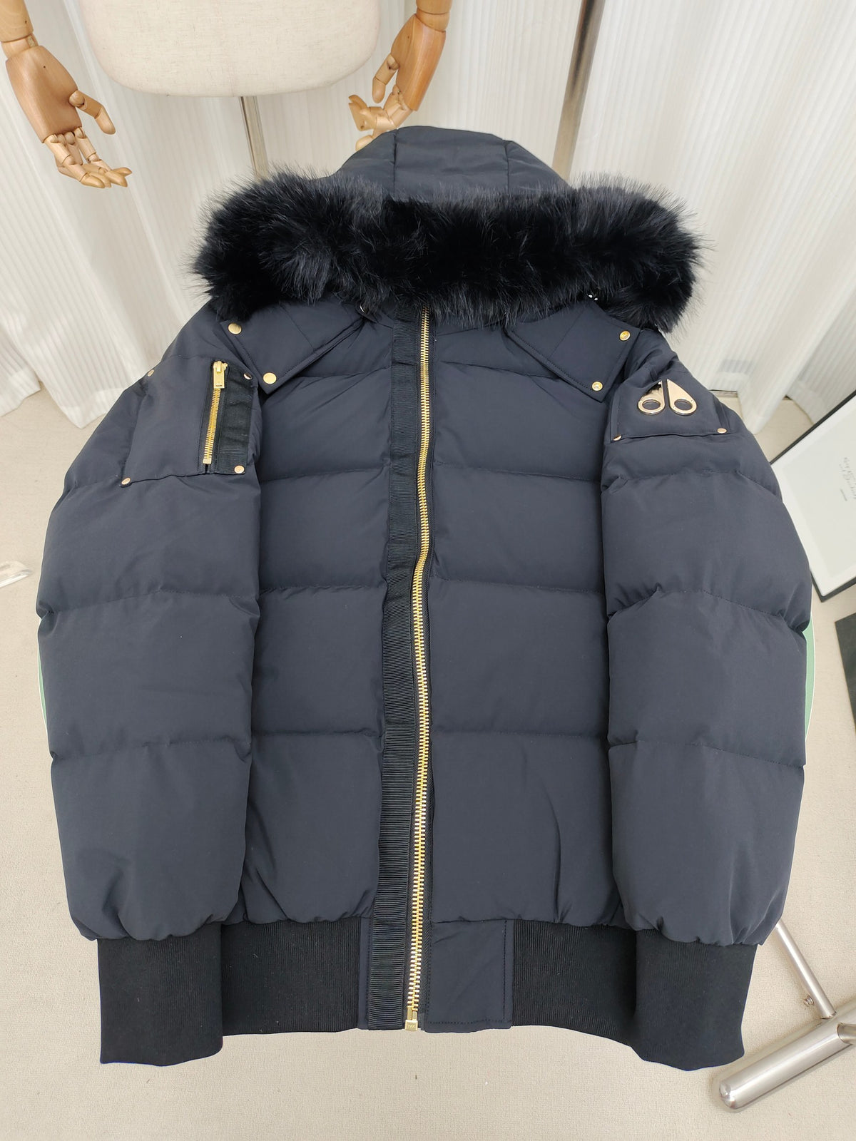 Moose Knuckles Navy Blue Hooded Puffer Bomber Jacket with Fur-Style Trim