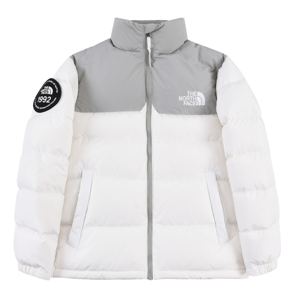 The North Face 1992 White and Gray Stand-Collar Puffer Jacket