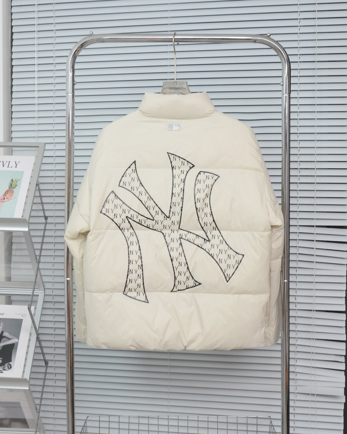 MLB NY Logo Ivory Stand-Collar Puffer Jacket with Oversized Back Graphic