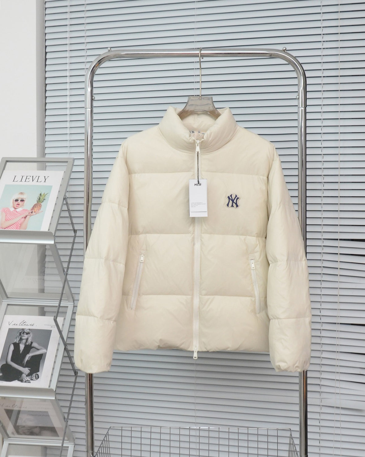 MLB NY Logo Ivory Stand-Collar Puffer Jacket with Oversized Back Graphic