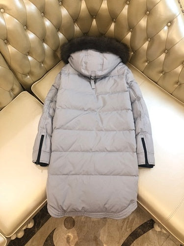 Moose Knuckles Light Gray Long Quilted Parka with Fur-Style Hood Trim