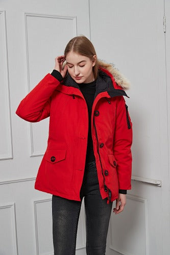 Canada Goose Women's Red Hooded Parka with Fur-Style Trim
