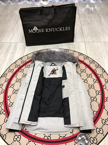 Moose Knuckles Women's Light Gray Hooded Parka with Fur-Style Trim