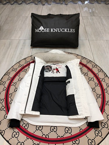 Moose Knuckles Women's White Quilted Hooded Jacket with Fur-Style Trim