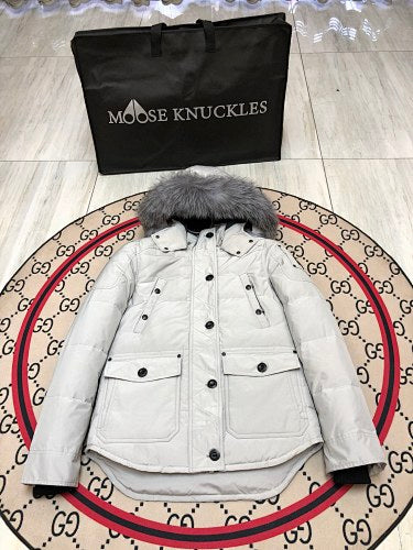 Moose Knuckles Women's Light Gray Hooded Parka with Fur-Style Trim