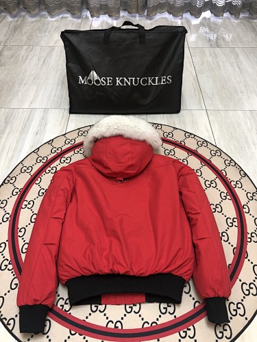 Moose Knuckles Men's Red Hooded Bomber Jacket with Fur-Style Trim