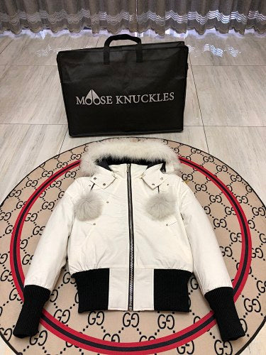 Moose Knuckles Women's White Hooded Bomber Jacket with Pom-Pom Details
