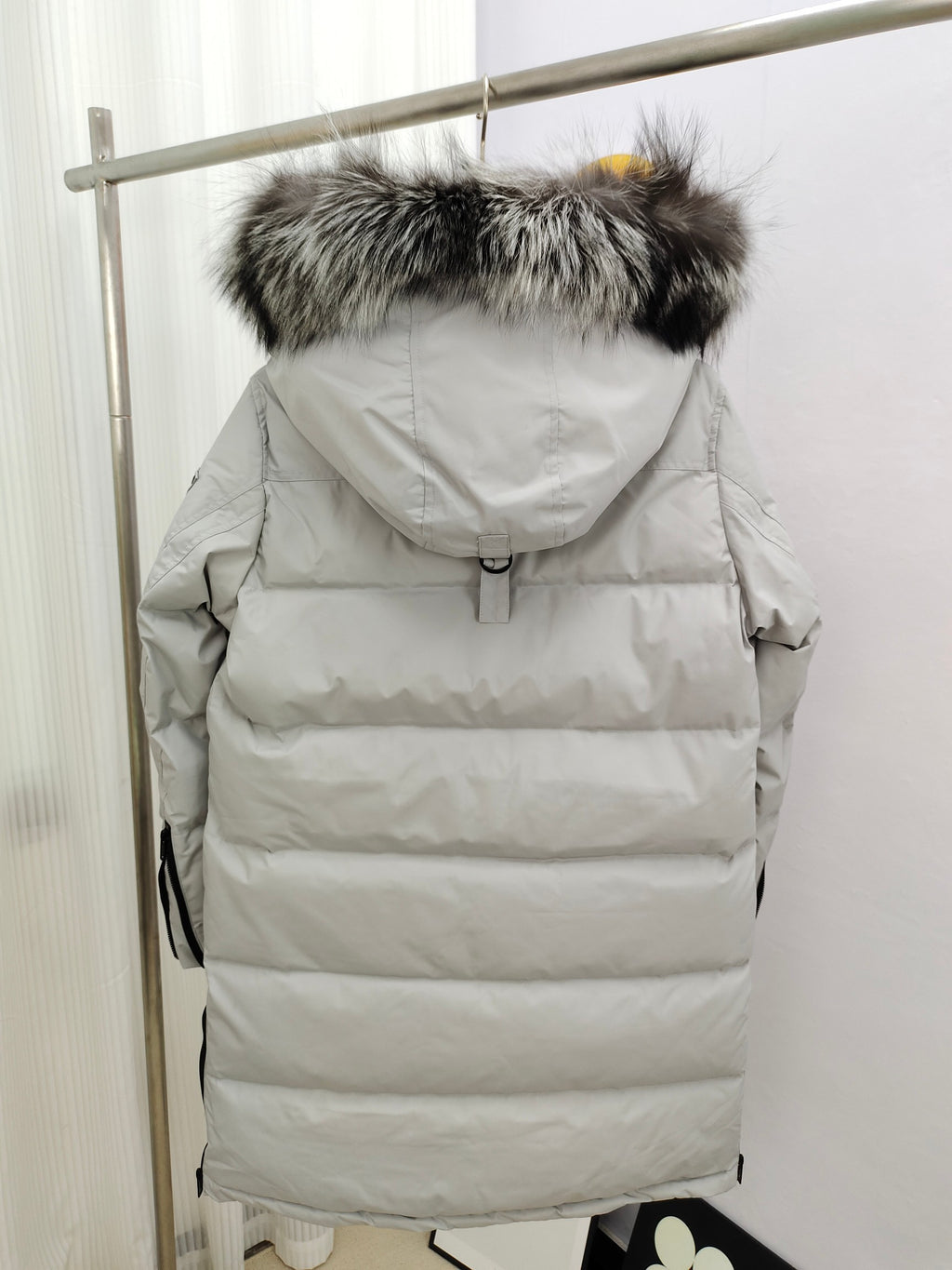 Moose Knuckles Women's Light Gray Long Parka with Fur-Style Hood Trim