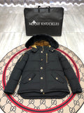 Moose Knuckles Men's Black Hooded Jacket with Gold-Tone Details