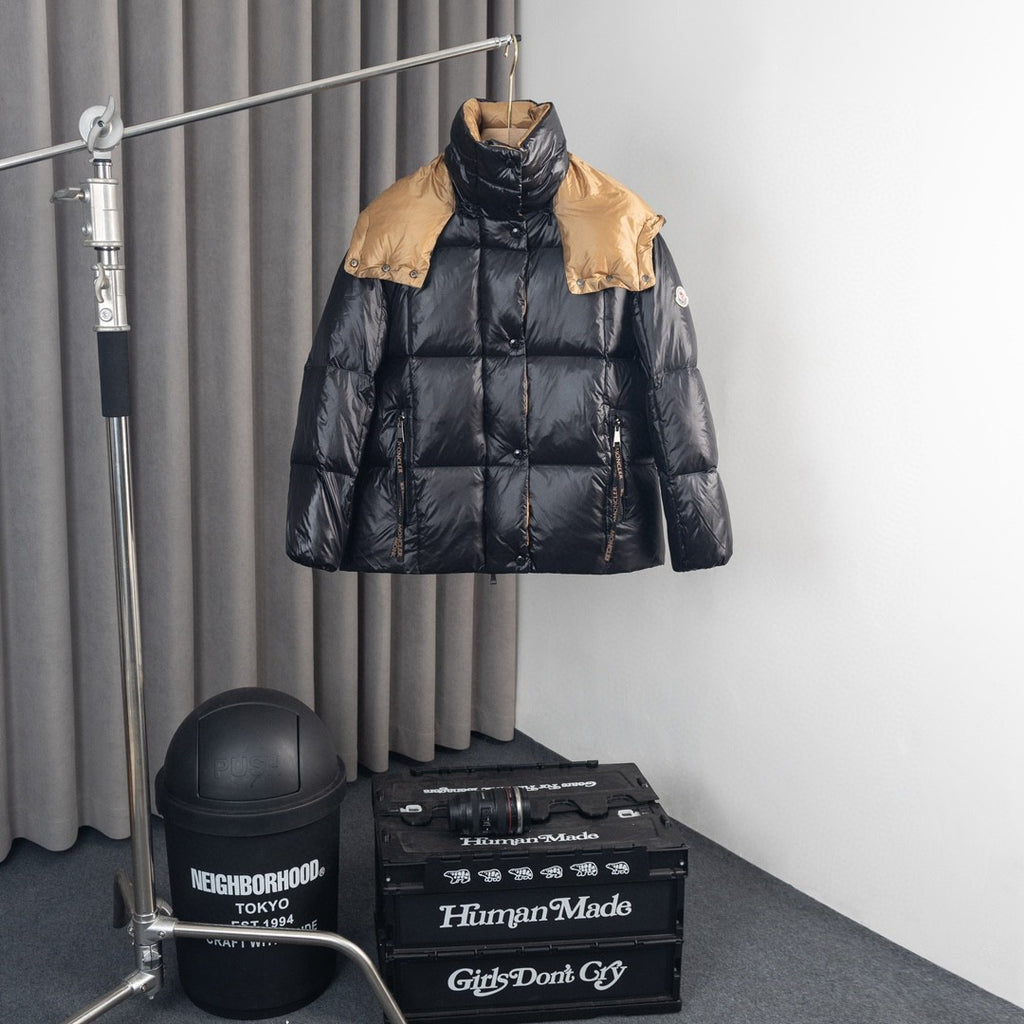 Moncler Parana Black Puffer Jacket with Gold-Tone Hood Lining