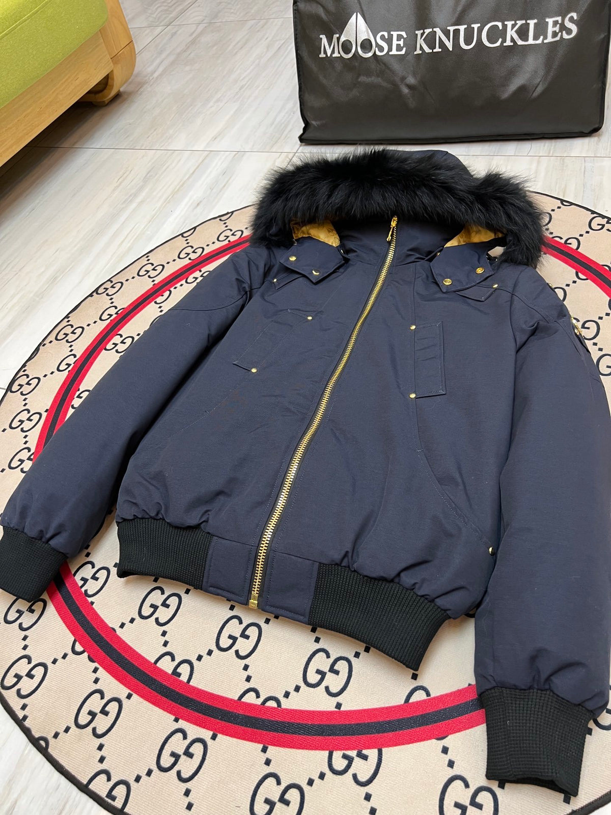 Moose Knuckles Men's Hooded Bomber Jacket in Navy