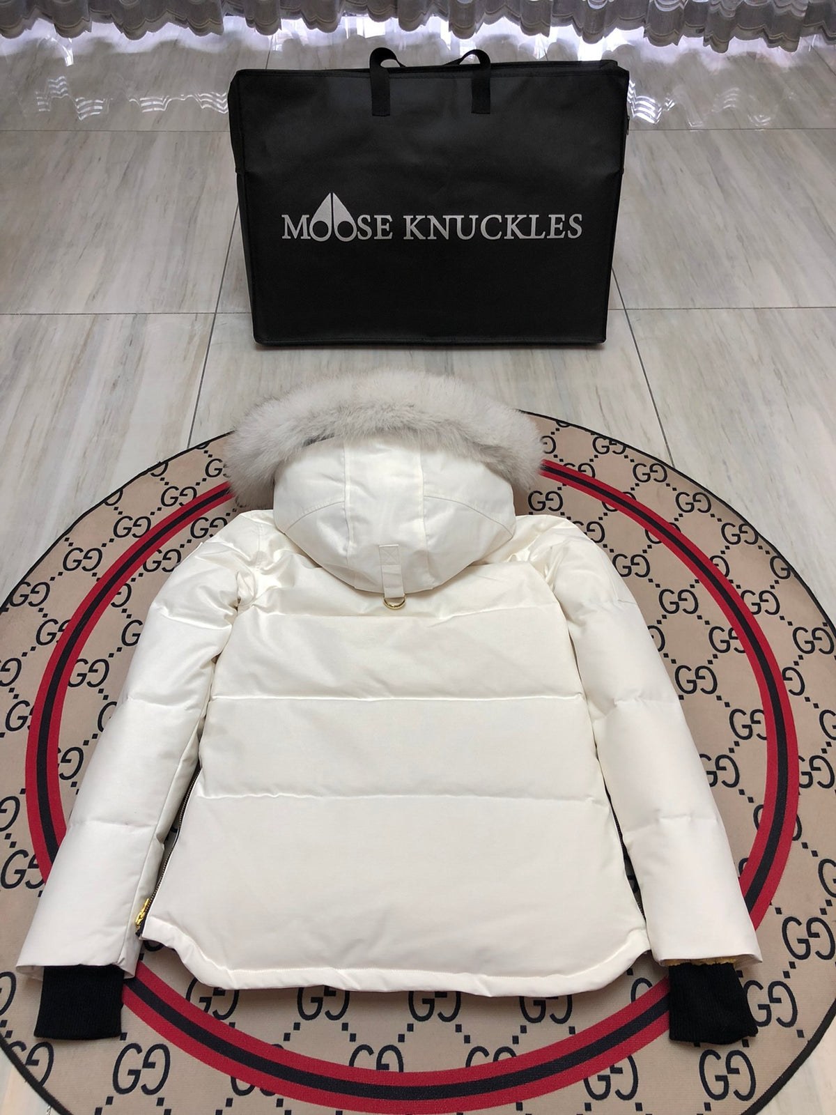 Moose Knuckles Women's White Hooded Jacket with Gold-Tone Details