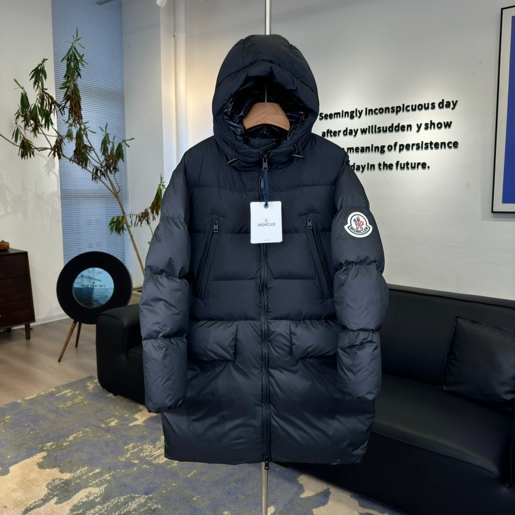Moncler Long Hooded Puffer Coat with Oversized Logo Patch